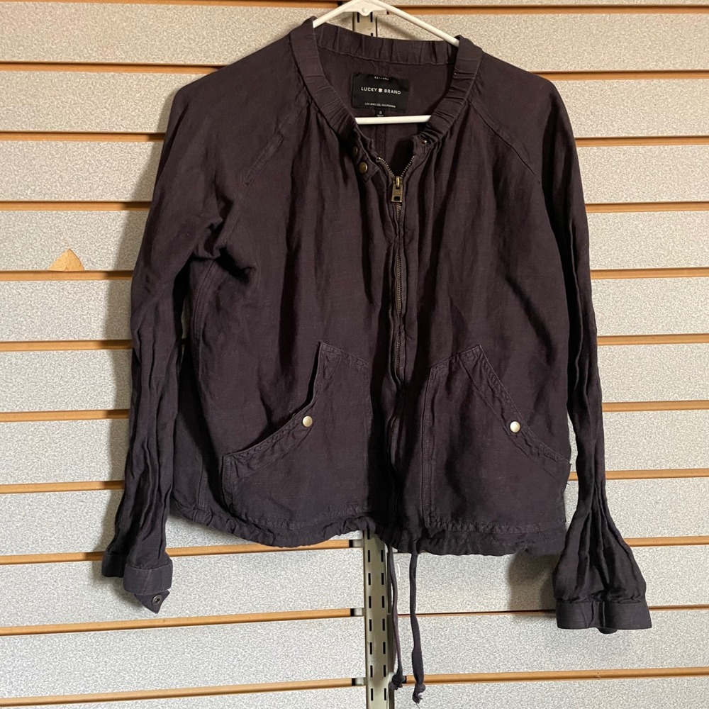 Lucky Brand Womens Linen‎ Blend Zip Up Bomber Jacket Faded Black Small